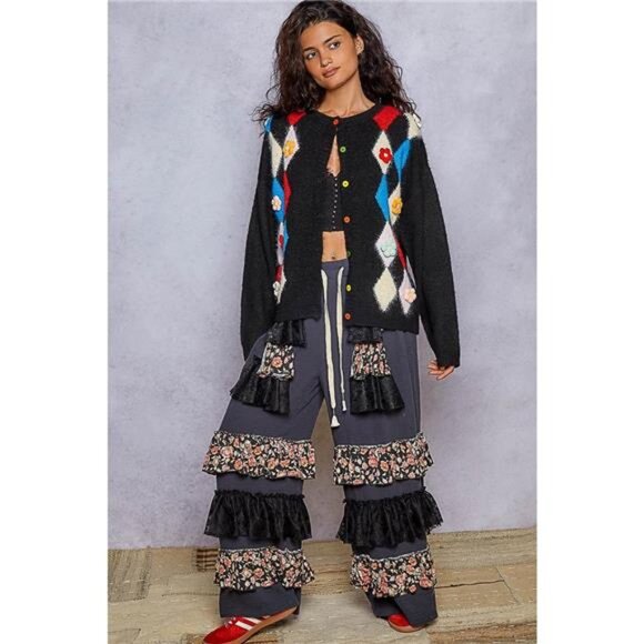 POL Button Down Diamond Pattern Round Neck Cardigan - Picture 5 of 5